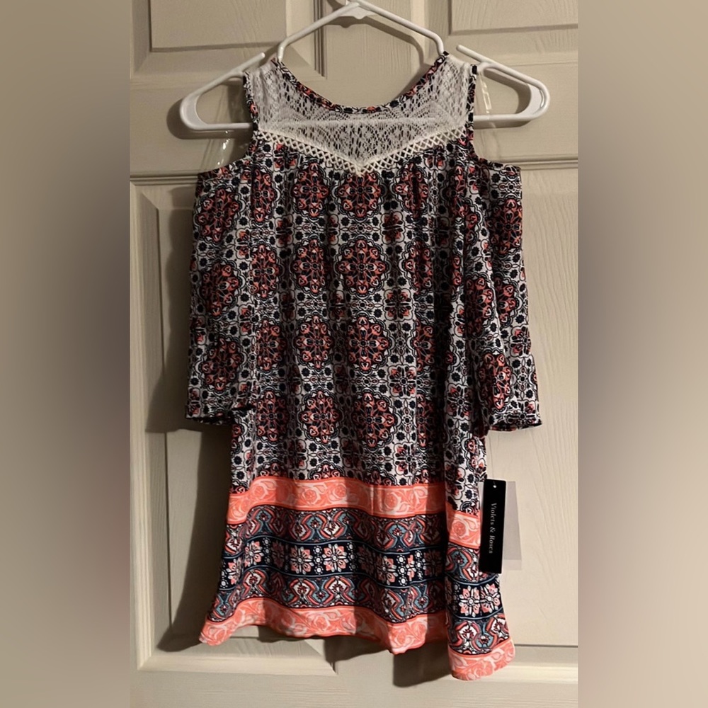Violets & Roses dress, girls size 8, cold shoulder, NWT, Navy, white, orange